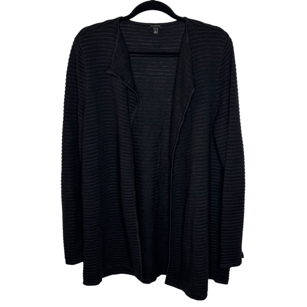 Talbots Sweater Cardigan Women’s L Open Black Ribbed Elegant Casual